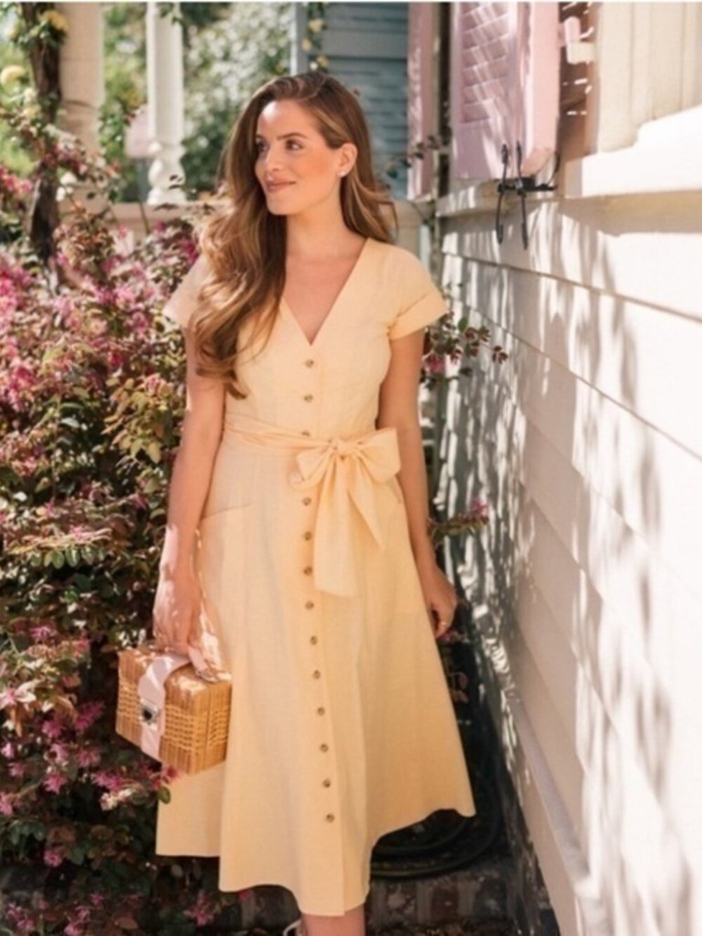 Gal Meets Glam Vanessa Button Front Linen Blend Shirt Dress in Butter Yellow